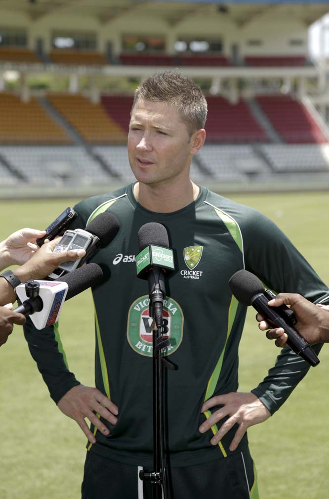 Australia captain Michael Clarke talks to the media prior to a practice session in Roseau, Dominica on Tuesday.