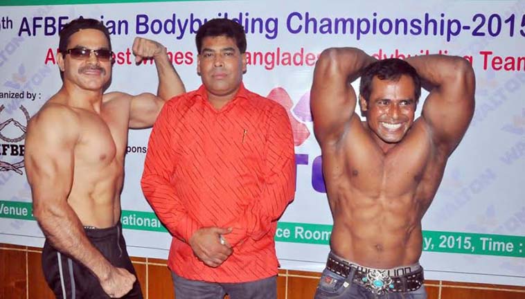 Members of Bangladesh Bodybuilding team pose for a photo session before leaving the city for Japan to take part in the 49th AFBAF Asian Bodybuilding Championship scheduled to be held in Japan from June 5 to June 8.