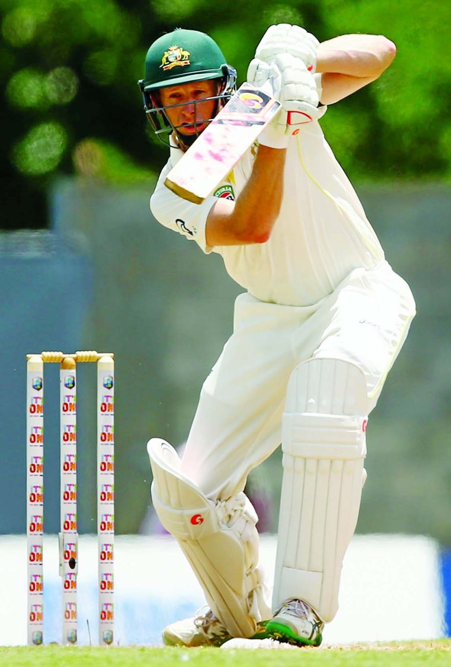 Adam Voges pushes to off during the second day of the 1st Test between Australia and West Indies at Roseau on Thursday.