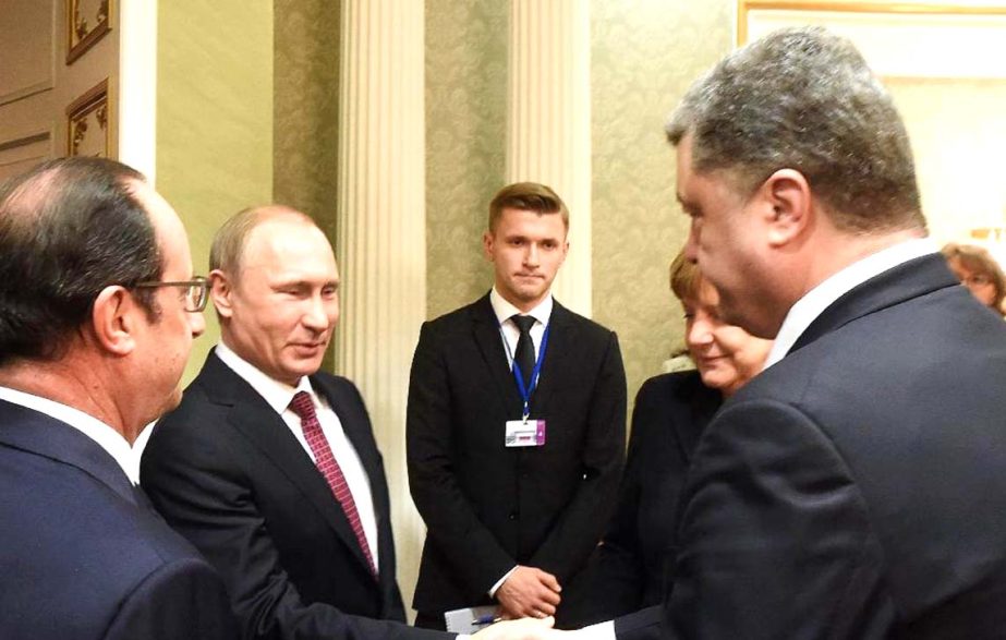 Russian President Vladimir Putin (2nd left) agreed a truce with his Ukrainian counterpart Petro Poroshenko during talks in the Belarus capital Minsk on February 11.