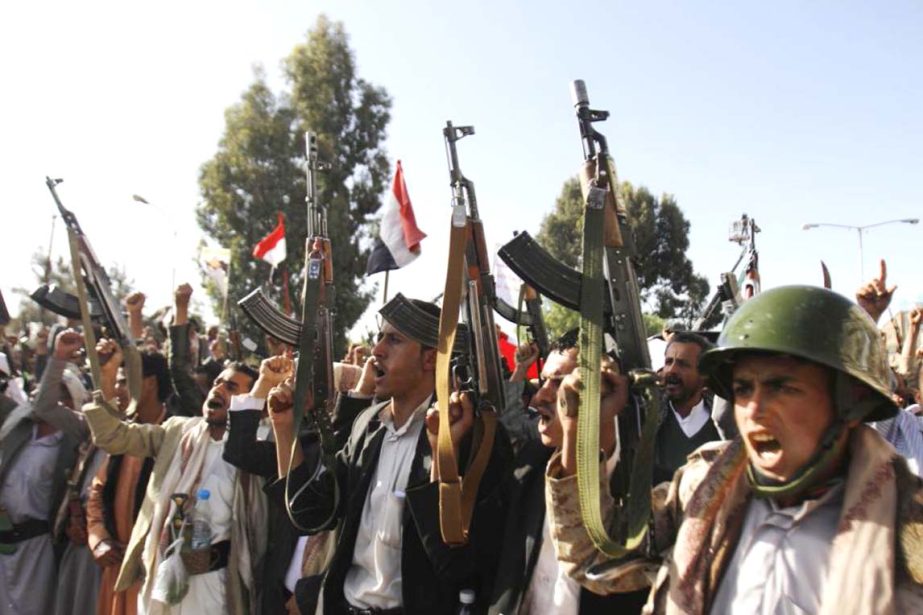 Shiite rebels, known as Houthis, chant slogans during a demonstration against an arms embargo imposed by the UN Security Council on Houthi leaders, in Sanaa, Yemen.