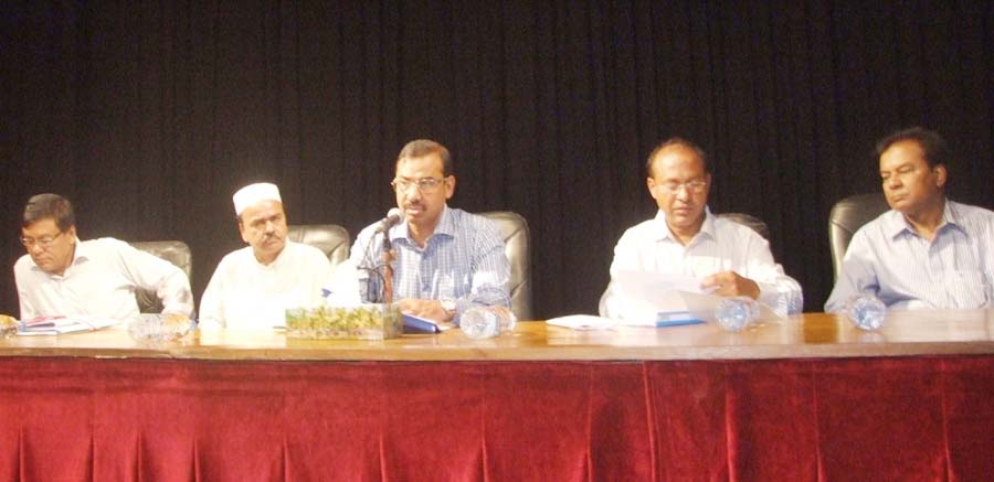 CCC Mayor AJM Nasir Uddin speaking as Chief Guest at a discussion on disposal of cases filed regarding interest of Chittagong City Corporation officers and employees at Theater Institute in the city yesterday.