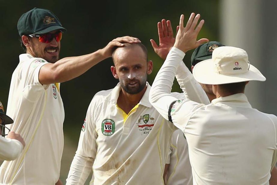 Nathan Lyon celebrates a wicket on 3rd day of 1st Test between West Indies and Australia at Windsor Park in Roseau, Dominica on Friday.