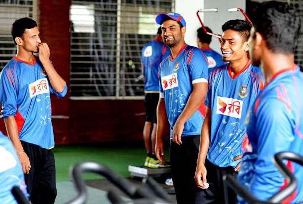 Players of Bangladesh National Cricket team during their practice session at the Gymnasium in the Sher-e-Bangla National Cricket Stadium in Mirpur on Saturday.