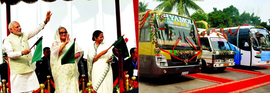 Prime Minister Sheikh Hasina and her Indian Counterpart Narendra Modi and Paschimbanga Chief Minister Mamata Banerjee jointly inaugurated Dhaka-Shillong-Guwahati and Dhaka-Agartala-Kolkata bus services at the Prime Minister's office on Saturday.