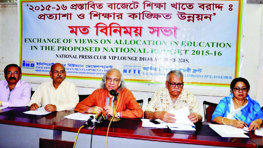 Economist Dr Kholiquzzaman speaking at a view exchange meeting organized by Jatiya Shikkhak Karmachari Front at the Jatiya Press Club on Sunday on allocation for education sector in budget.