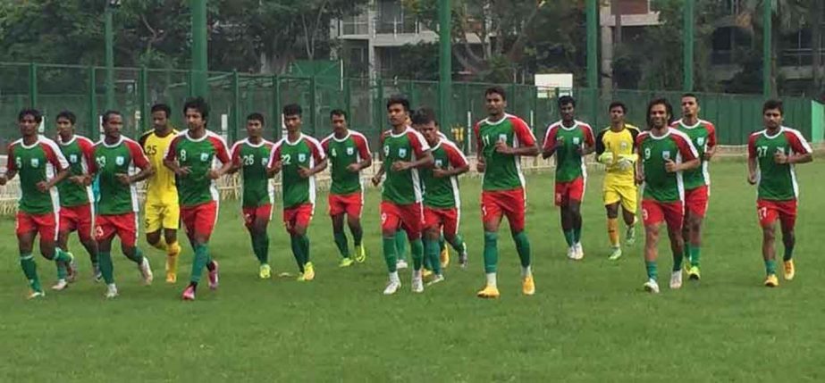 Players of Bangladesh National Football team during their practice session at the Sheikh Jamal Dhanmondi Club Limited Ground on Sunday.