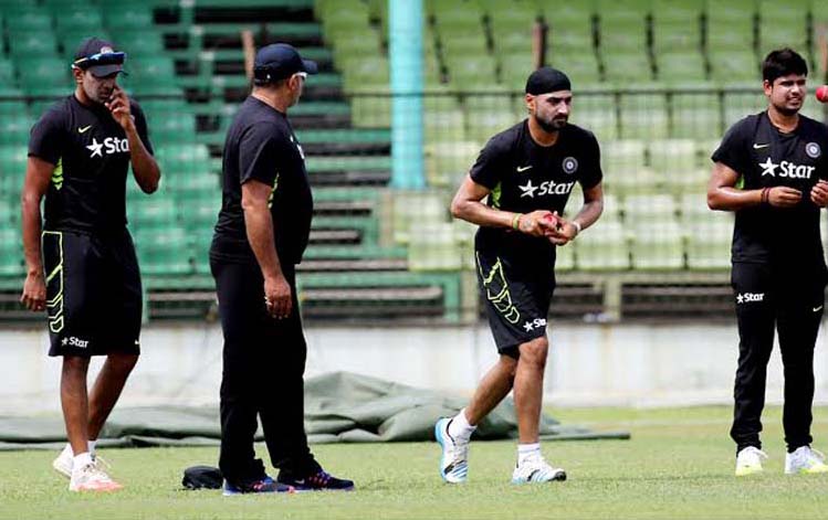 Harbhajan Singh (second from right) bowling during the practice session at the Khan Shaheb Osman Ali Stadium in Fatullah on Tuesday. Harbhajan Singh (second from right) bowling during the practice session at the Khan Shaheb Osman Ali Stadium in Fatullah o