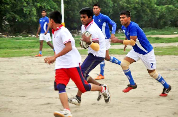 An action from the match of the Diamond Melamine Federation Cup Rugby Competition at the Paltan Maidan on Saturday.