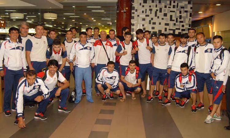 Member of Tajikistan National Football team pose for photo at Hazrat Shahjalal International Airport on Sunday.