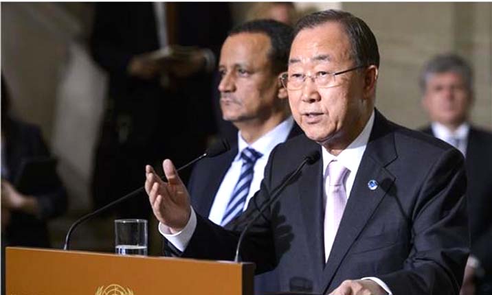 General Secretary Ban Ki- moon Speaks during a press conference at the UN offices in Geneva during the opening of yemen peace talks