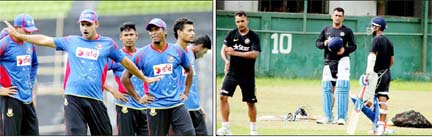 Bangladesh Cricket team (left) and India Cricket team during their practice session at Mirpur on Tuesday.