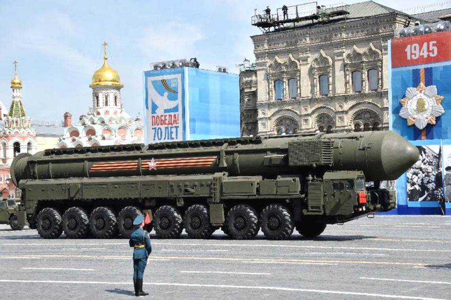 A Russian Yars RS-24 intercontinental ballistic missile system drives through Red Square in Moscow during the Victory Day military parade