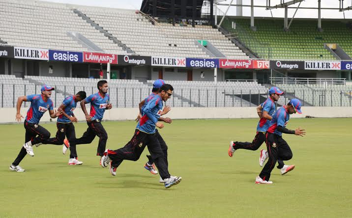 Players of Bangladesh Cricket team taking part at their practice session at the Sher-e-Bangla National Cricket Stadium in Mirpur on Wednesday.