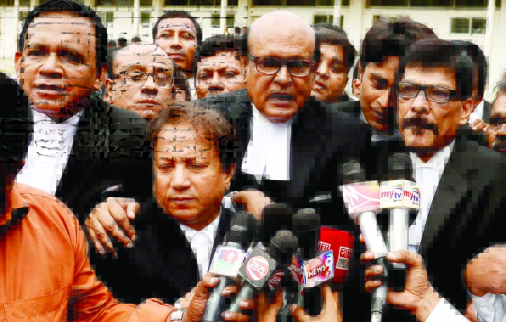 BNP Chairperson Begum Khaleda Zia's lawyer Khondkar Mahbub Hossain at a press briefing after coming out of the special court at Alia Madrasha premises in the city's Bakshibazar on Thursday.