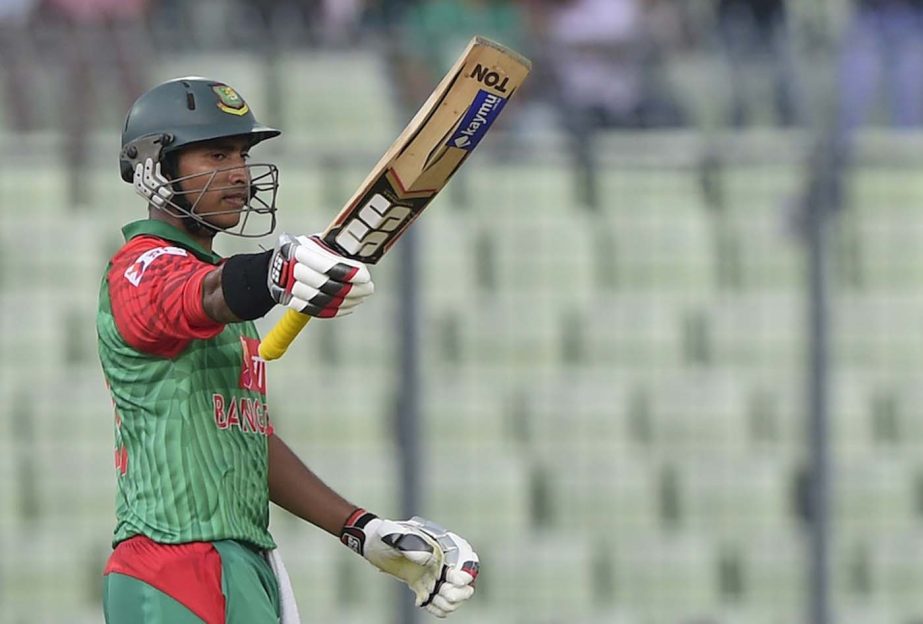 Bangladesh cricketer Soumya Sarkar reacts after scoring a half century (50 runs) during the first one day international (ODI) cricket match between Bangladesh and India at the Sher-e-Bangla National Cricket Stadium in Mirpur on Thursday.