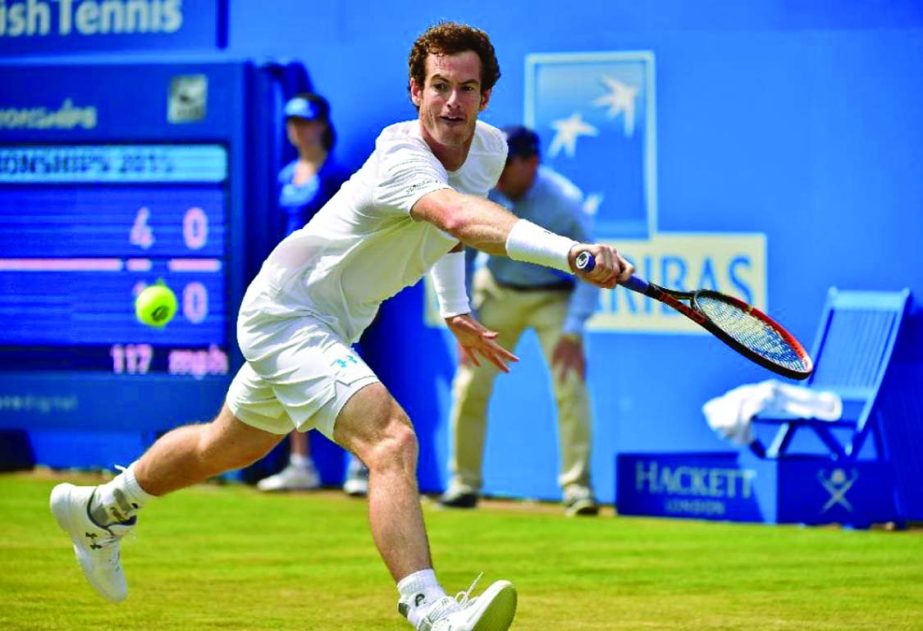 Britain's Andy Murray returns to Spain's Fernando Verdasco during his second round match at the ATP Aegon Championships tennis tournament at the Queen's Club in west London on Thursday.