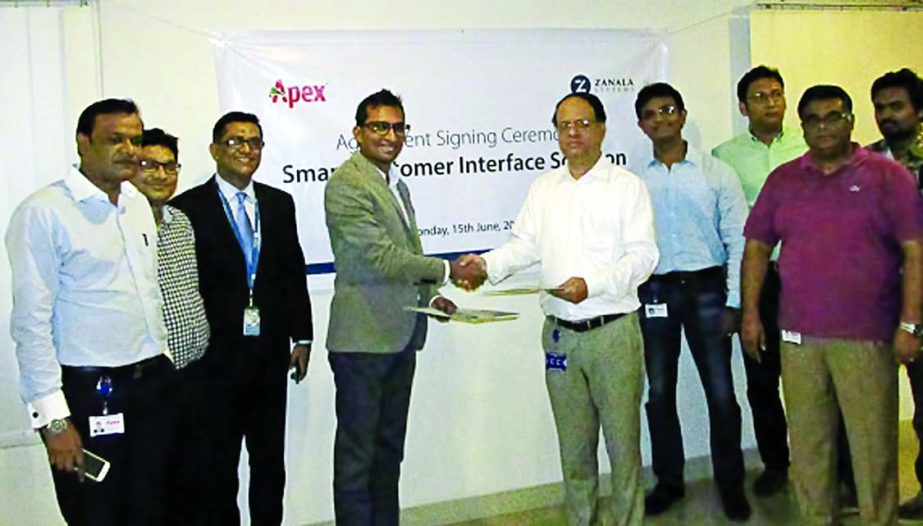 Apex Footwear Limited and ZANALA Systems Limited sign an agreement recently for Smart Customer Interface Solution through 40-inch touch screen kiosk at their Bashundhara outlet. AMD Syed Gias Hussain, COO Rajan Pillai, Head of Retail Md Taifur Rahman, Hea
