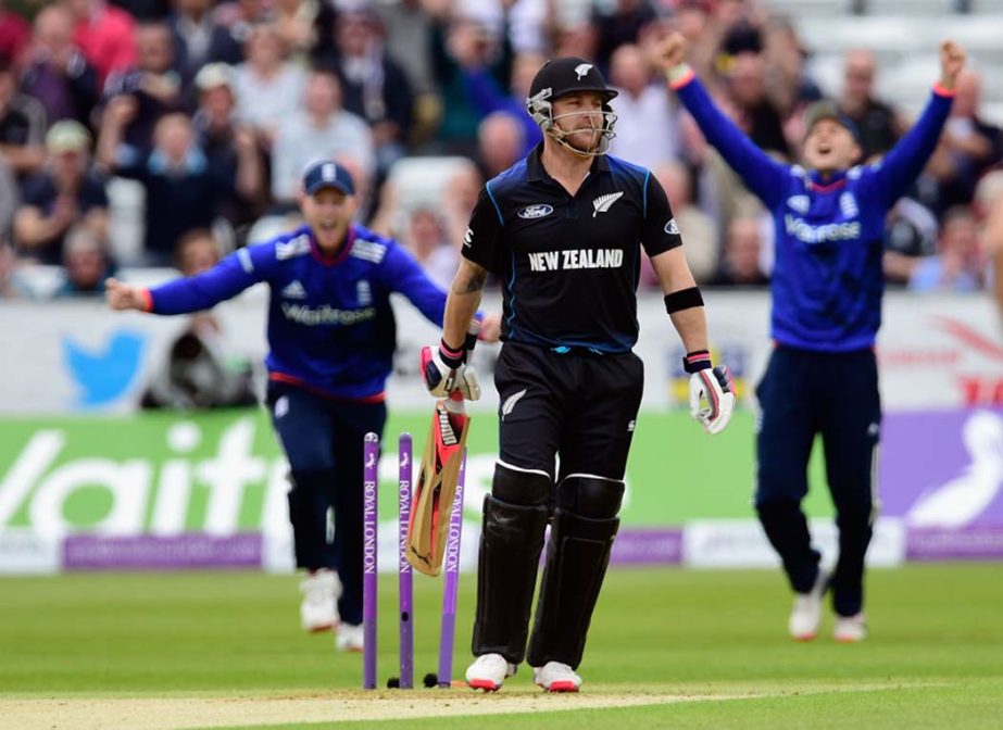 Brendon McCullum played on in the first over during the 5th ODI between England and New Zealand at Chester-le-Street on Saturday.