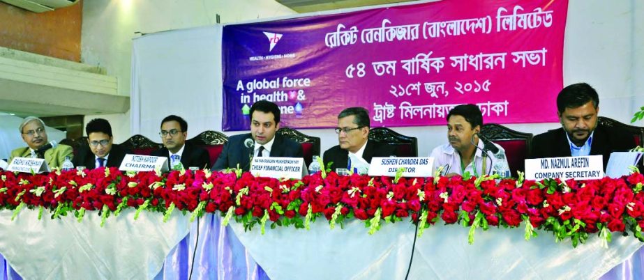The 54th AGM of Reckitt Benckiser (Bangladesh) Ltd. was held at a city Milonayoton on Sunday. The AGM approve 550percent cash dividend for its shareholders for the year 2014. Chairman of the company Nitish Kapoor, Managing Director Raghu Krishnan; Directo