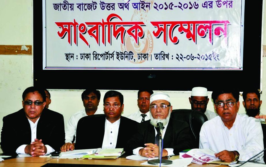 Speakers at a press conference on Post-Budget Finance Law 2015-2016 at Dhaka Reporters Unity on Monday.