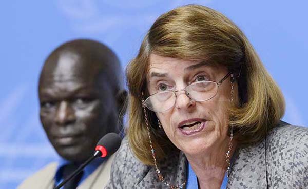 Chairperson of Independent Commission of Inquiry on the 2014 Gaza conflict, Mary McGowan Davis (R) speaks next to Commission member Doudou Diene in Geneva.