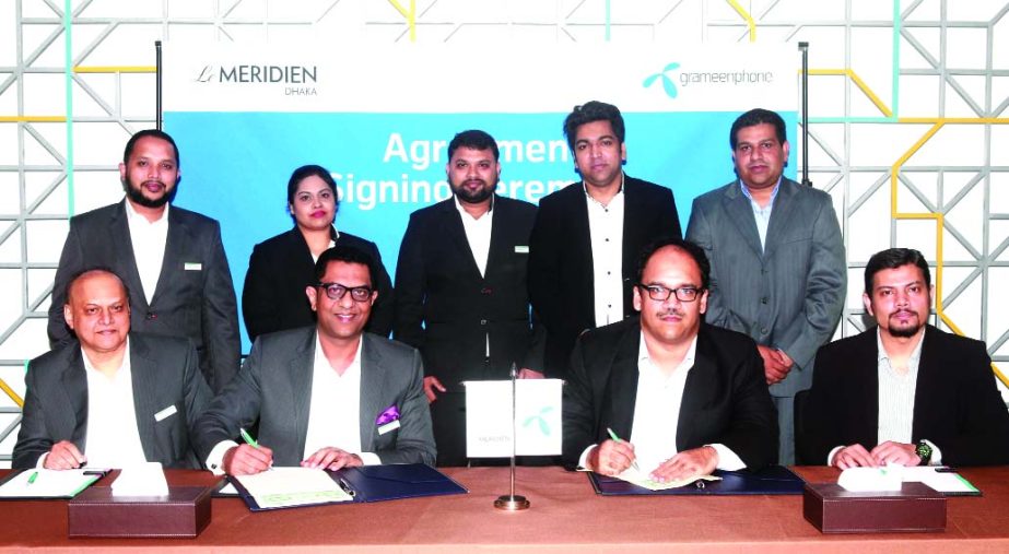 Ashwani Nayar, General Manager, LE MERIDIEN DHAKA, an international chain hotel, and Sajjad Alam, Head of Direct Sales, Grameenphone Ltd recently sign a deal to provide complete communication solutions under Business Solutions package.
