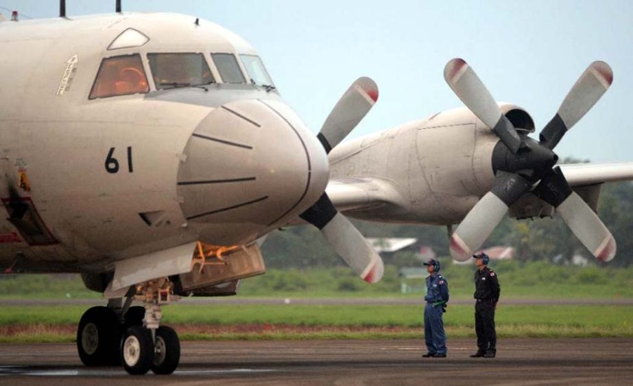 A Japanese Maritime Self-Defence Force Lockheed P-3C Orion patrol aircraft is pictured before taking off as part of a joint training exercise with the Philippines, at Antionio Bautista Airbase in Puerto Princesa, Palawan island on Wednesday.