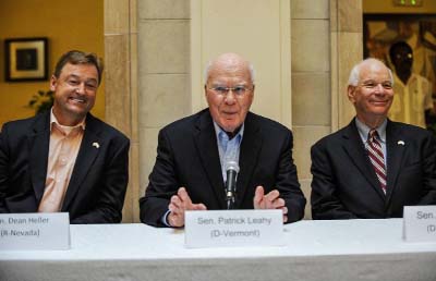 US senator Patrick Leahy (C), from Vermont, speaks during a press conference, next to US senators Dean Heller (L) from Nevada and Ben Cardin (R) from Maryland, in Havana