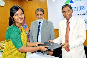 Md Yeasin Ali, Chairman of the Board of Directors of Bangladesh Development Bank, handing over certificates among the trainees of a foundation course at its training institute recently.