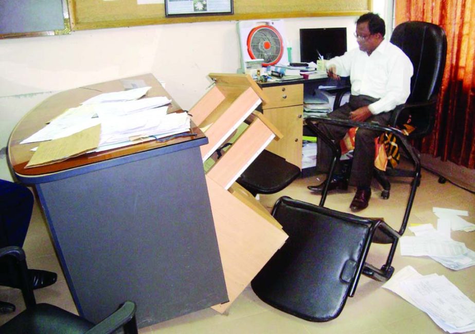 PHULBARI (Dinajpur): A view of vandalised Power Development office in Phulbari upazila on Monday.