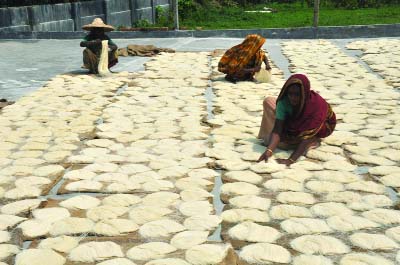 BOGRA: Women are busy processing works of chickon semai at Madla area in Bogra yesterday.