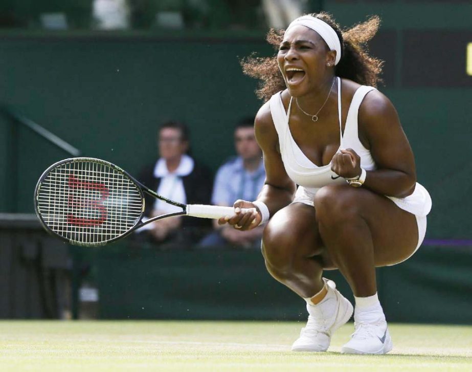 Serena Williams of the United States celebrates winning a point against Heather Watson of Britain during their singles match at the All England Lawn Tennis Championships in Wimbledon, London on Friday.
