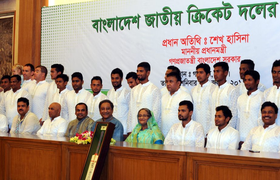 Prime Minister Sheikh Hasina accords a reception to the members of Bangladesh National Cricket team and the BCB officials at the Prime Minister's Office Ganabhaban in the city on Saturday.