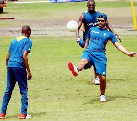 Players of South Africa taking part at their practice session at the Sher-e-Bangla National Cricket Stadium in Mirpur on Saturday.