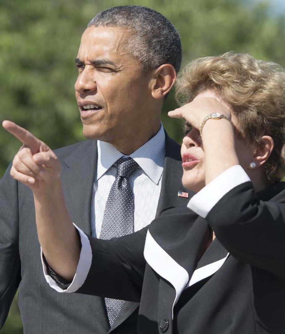 US President Barack Obama talks with Brazilian President Dilma Rousseff (R) during a visit to the Martin Luther King, Jr. Memorial in Washington.