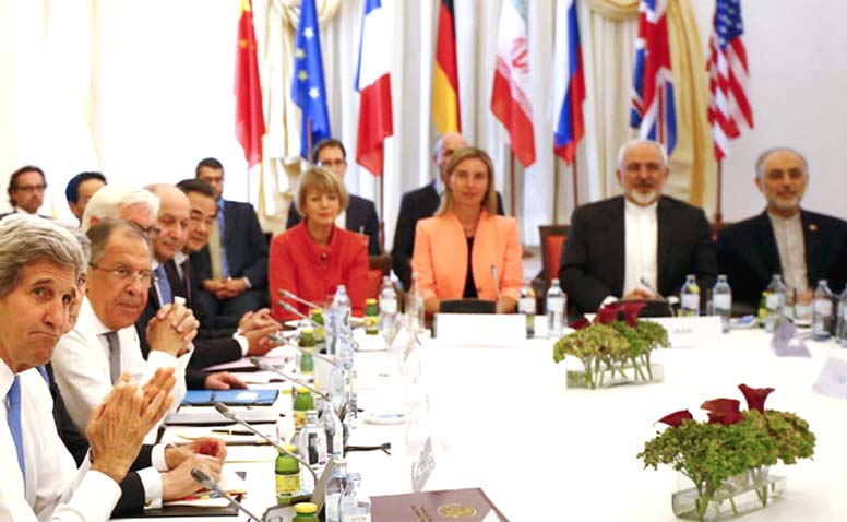 Iranian Foreign Minister Mohammad Javad Zarif along with his counter parts at meeting at the hotel where the Iran nuclear talks are being held in Vienna, Austria on Tuesday.