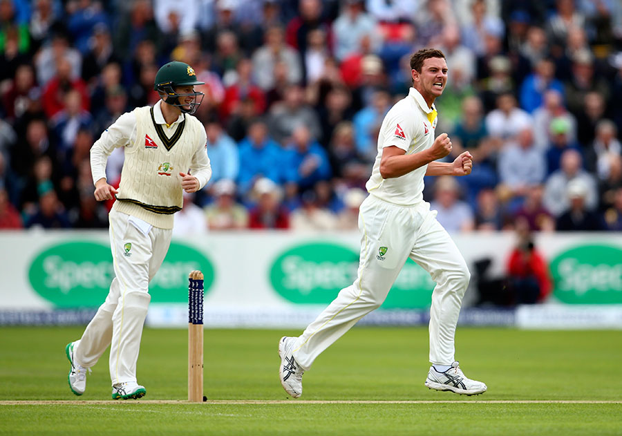 Adam Voges and Josh Hazlewood exult at the fall of Adam Lyth's wicket on the 1st day of Ashes Test between England and Australia at Cardiff on Wednesday.