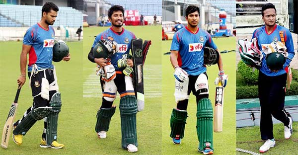 BATTING PRACTICE: (From left) Captain Mashrafe Bin Mortaza, Anamul Haque, Soumya Sarkar and all-rounder Shakib Al Hasan during their practice session at the Sher-e-Bangla National Cricket Stadium in Mirpur on Thursday. Bangladesh play first ODI match agai