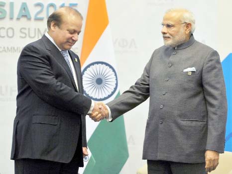 Indian Prime Minister Narendra Modi (R) shakes hands with Pakistan Prime Minister Nawaz Sharif ahead of a meeting in Ufa on the sidelines of the BRICS emerging economies summit in Russia on Friday.