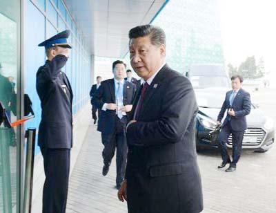 Chinese President Xi Jinping arrives to the Shanghai Cooperation Organisation (SCO) summit in Ufa, Russia on Friday.