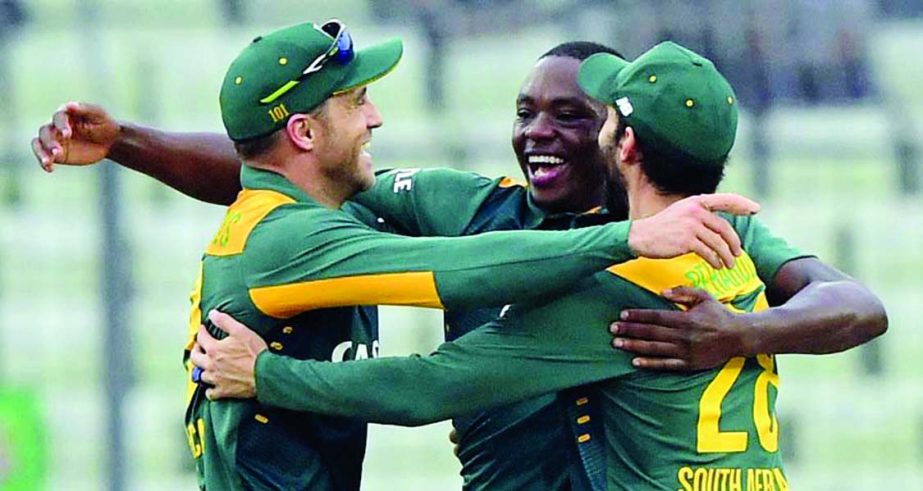 Kagiso Rabada celebrates his hat-trick with his team-mates during the 1st ODI between Bangladesh and South Africa at the Sher-e-Bangla National Cricket Stadium on Friday.