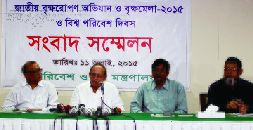 Forest and Environment Minister Anwar Hossain Manju speaking at a press conference at Sonargaon Hotel in the city on Saturday on the occasion of World Environment Day and National Tree Plantation Campaign.