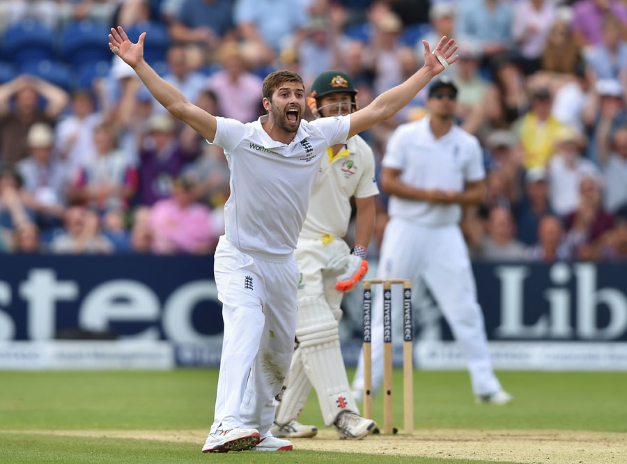 Mark Wood appeals unsuccessfully on the 4th day of 1st Investec Ashes Test between England and Australia at Cardiff on Saturday.