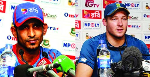 Promising all-rounder of Bangladesh Nasir Hossain (left) and South African all-rounder David Miller speaking to the journalists at the conference room of the Sher-e-Bangla National Cricket Stadium in Mirpur on Saturday. Banglar Chokh