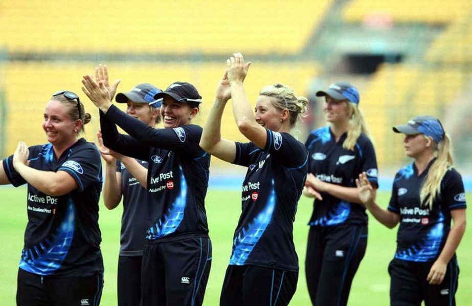 Bengaluru : New Zealand Women cricketer celebrate after beating India during their 1st T20 cricket match in Bengaluru on Saturday.