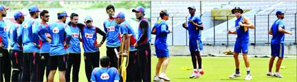 Players of Bangladesh National Cricket team (left) and members of South Africa National Cricket team during their respective practice sessions at the Zahur Ahmed Chowdhury Stadium in Chittagong on Tuesday. Bangladesh play with South Africa in last ODI mat