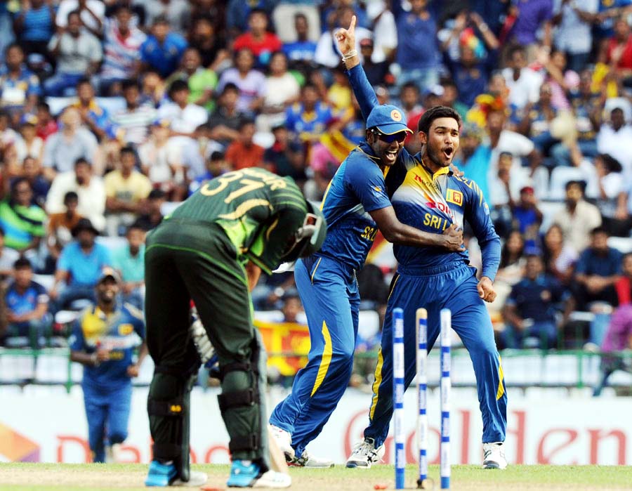 Milinda Siriwardana is ecstatic after taking the wicket of Babar Azam during the 2nd ODI between Sri Lanka and Pakistan at Pallekele on Wednesday.