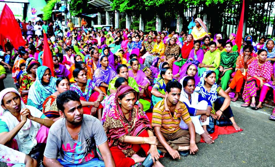 Hundreds of deprived RMG workers sit-in demonstration in front of Jatiya Press Club on Thursday reiterated their demands for the payment of their arrears.