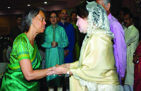 BNP Chairperson Begum Khaleda Zia exchanging Eid greetings with people from all walks of life including diplomats and party leaders at Bangabandhu International Conference Center in the city on Saturday.